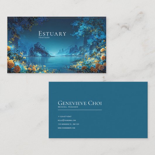 Night Landscape Gold Floral Turquoise Lake 名刺 (正面/裏面)