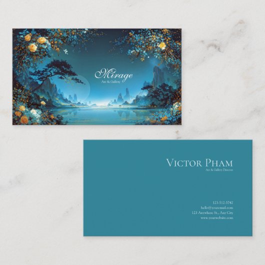 Night Landscape Gold Rose Floral Teal Lake Frame 名刺 (正面/裏面)