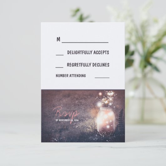 Night Lights 素朴 Fireflies Mason Jar RSVPカード (スタンド正面)