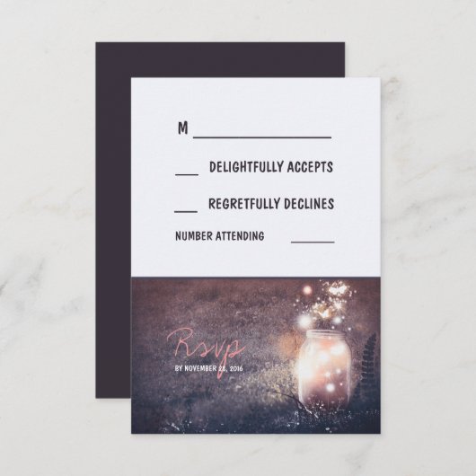 Night Lights 素朴 Fireflies Mason Jar RSVPカード (正面/裏面)