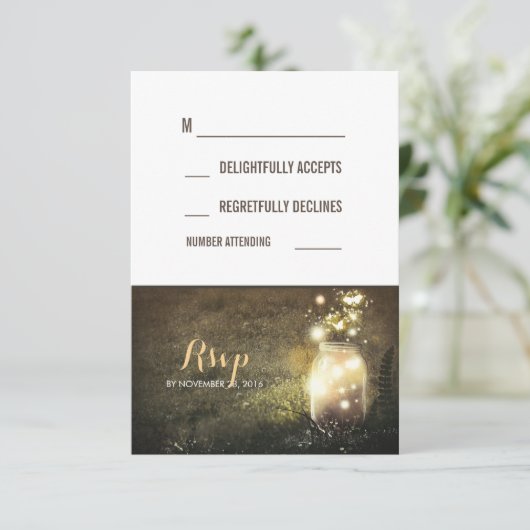 Night Lights 素朴 Fireflies Mason Jar RSVPカード (スタンド正面)
