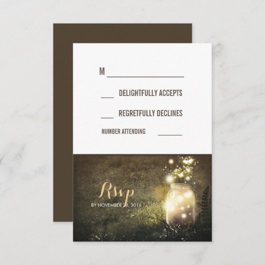 Night Lights 素朴 Fireflies Mason Jar RSVPカード (正面/裏面)