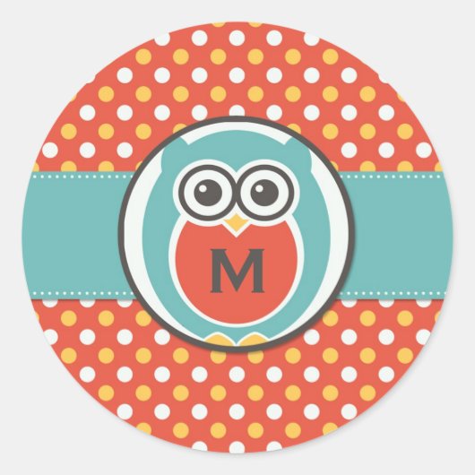 Night Owl Cartoon Monogramスタンプ ラウンドシール (正面)