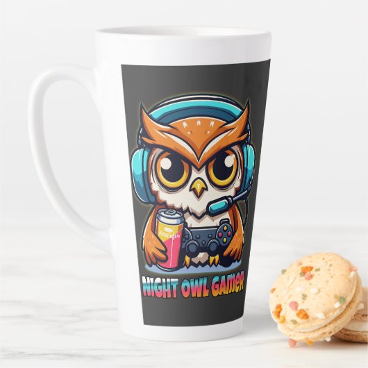 Night Owl Gamer Mascot Fun Gaming Illustration カフェラテマグ (インサイチュ)