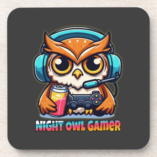 Night Owl Gamer Mascot Fun Gaming Illustration コースター (正面)