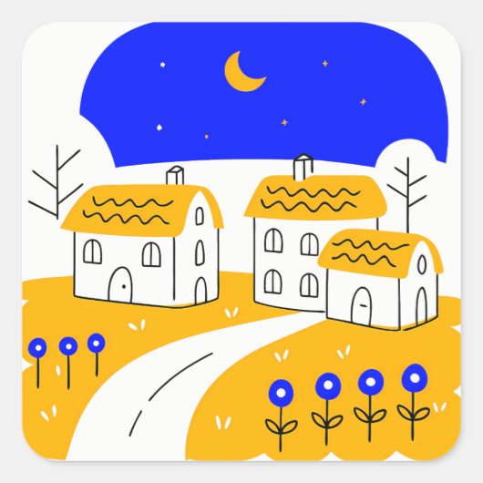 Night Scene of a Small Village Landscape スクエアシール (正面)