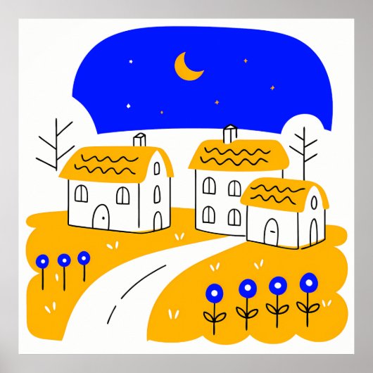 Night Scene of a Small Village Landscape ポスター (正面)
