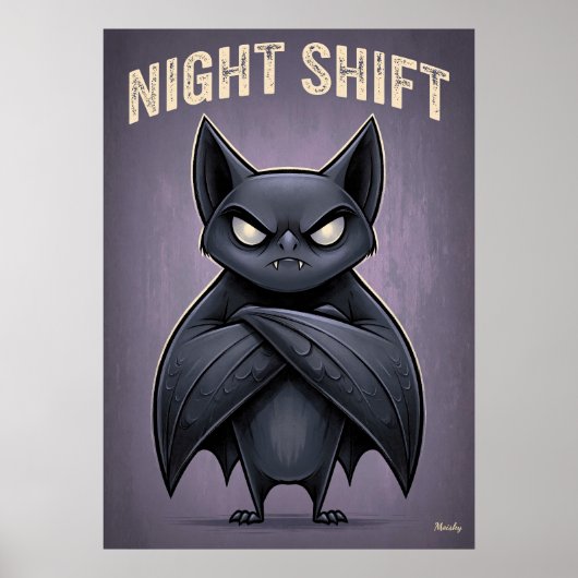 Night Shift – Funny Angry Bat Cartoon Character ポスター (正面)