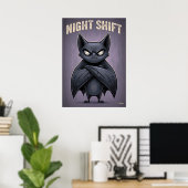 Night Shift – Funny Angry Bat Cartoon Character ポスター (ホームオフィス)