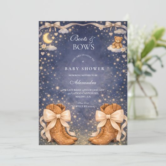 Night Sky Boots And Bows Baby Shower 招待状 (スタンド正面)