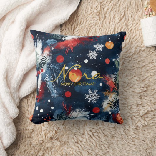 Night Sky Holiday Pine and Ornament Design クッション (ブランケット)