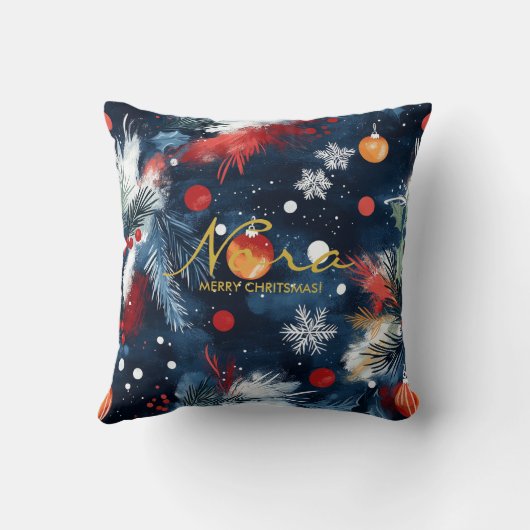 Night Sky Holiday Pine and Ornament Design クッション (裏面)