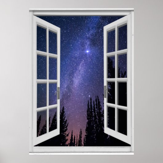 Night Sky View Trompe l'oeil Fake Window ポスター (正面)
