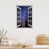 Night Sky View Trompe l'oeil Fake Window ポスター (キッチン)