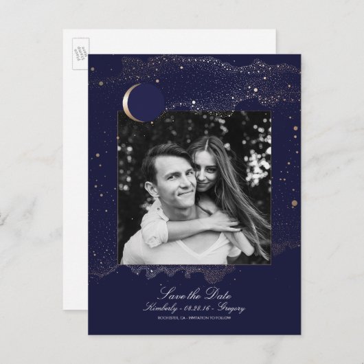 Night Stars Navyと金ゴールド写真の保存日 案内ポストカード (正面/裏面)