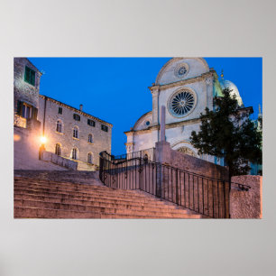 Night view of stairs and church in Split, Croatia ポスター