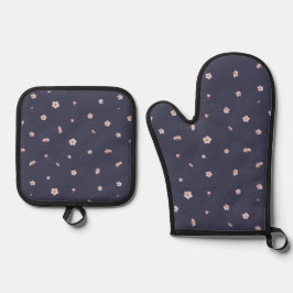 Nightfall Navy Japanese Cherry Blossom Floral Patt 鍋つかみ&鍋敷きセット