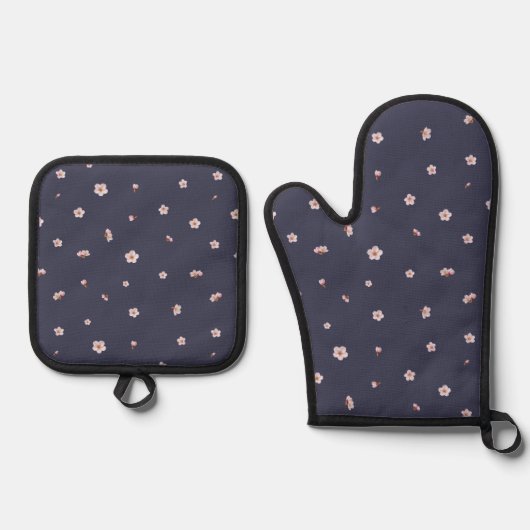Nightfall Navy Japanese Cherry Blossom Floral Patt 鍋つかみ&鍋敷きセット (正面)