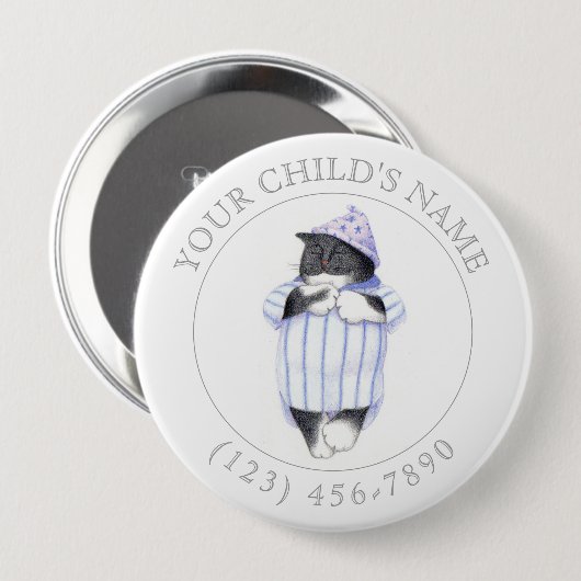 NIGHTSHIRT CAT CHILD IDボタン – 白 缶バッジ (正面&裏面)