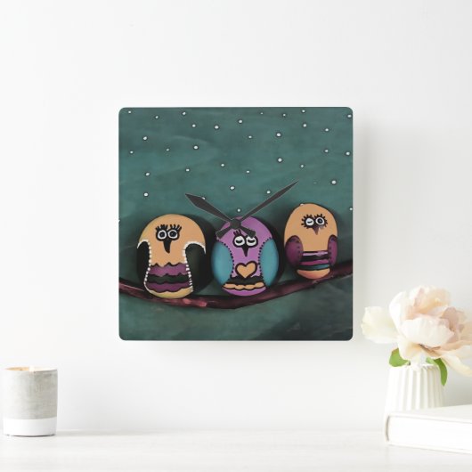 NightSky Artに対する楕円形のフクロウ初期のズ スクエア壁時計 (ホーム)