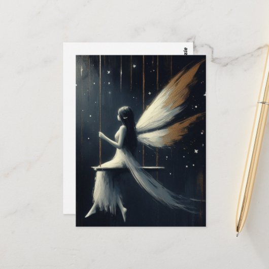 Nighttime Fairy on a Swing in White Dress ポストカード (正面/裏面インサイチュ)