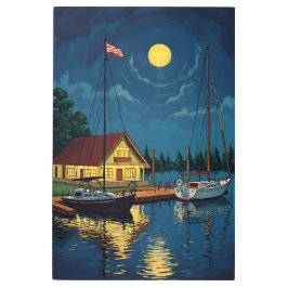 Nighttime Lake House with Sailboats メタルプリント
