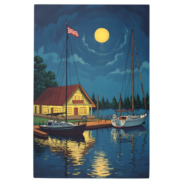 Nighttime Lake House with Sailboats メタルプリント (正面)