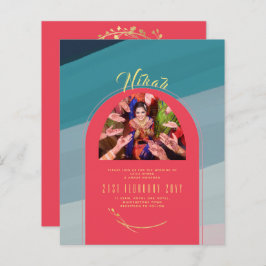 NIKAHティール（緑がかった色）レッド金ゴールドフォト結婚式招待状