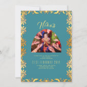NIKAHティール（緑がかった色）金ゴールド写真イスラム結婚式招待状 招待状 (正面)