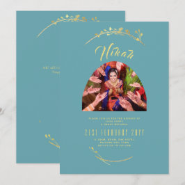 NIKAHティール（緑がかった色）金ゴールド写真イスラム結婚式招待状 招待状