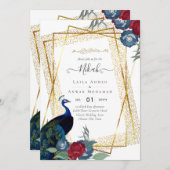 NIKAHピーコックフローラ金ゴールドフレームイ結婚スラムズイン 招待状 (正面/裏面)