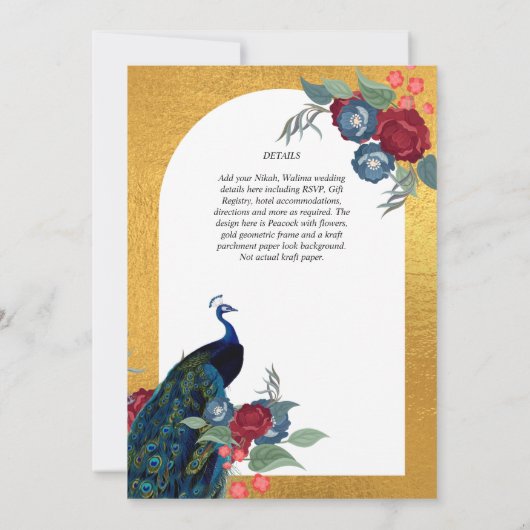 NIKAHピーコックフローラ金ゴールドフレームイ結婚スラーム 招待状 (裏面)