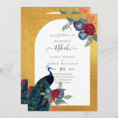 NIKAHピーコックフローラ金ゴールドフレームイ結婚スラーム 招待状 (正面/裏面)