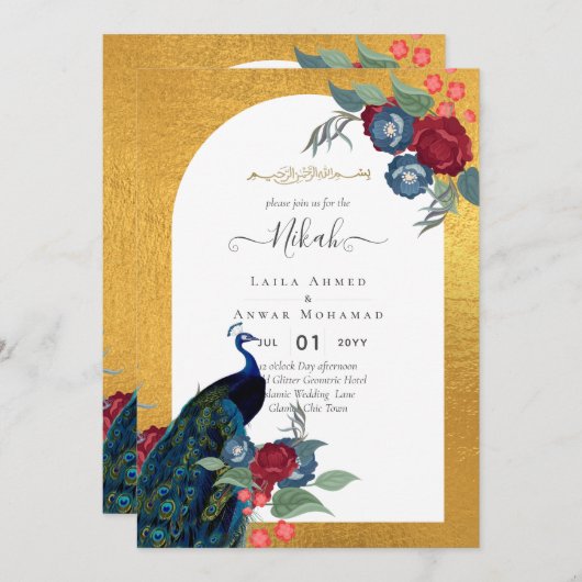 NIKAHピーコックフローラ金ゴールドフレームイ結婚スラーム 招待状 (正面/裏面)