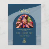 NIKAHブルー金ゴールド写真結婚式招待状 (正面)