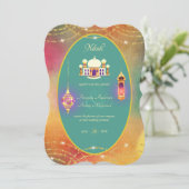 NIKAHモスク華美ティール（緑がかった色）金ゴールド結婚式招待状 招待状 (スタンド正面)