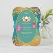 NIKAHモスク華美ティール（緑がかった色）金ゴールド結婚式招待状 招待状 (スタンド正面)