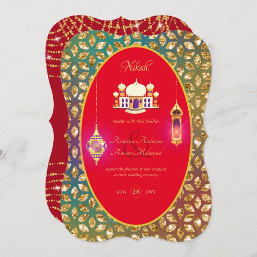 NIKAHモスク華美レッド金ゴールド結婚式招待状 招待状 (正面/裏面)
