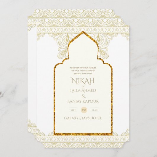 NIKAH – イスラーム華美モスク金ゴールドのインビ結婚ット 招待状 (正面/裏面)