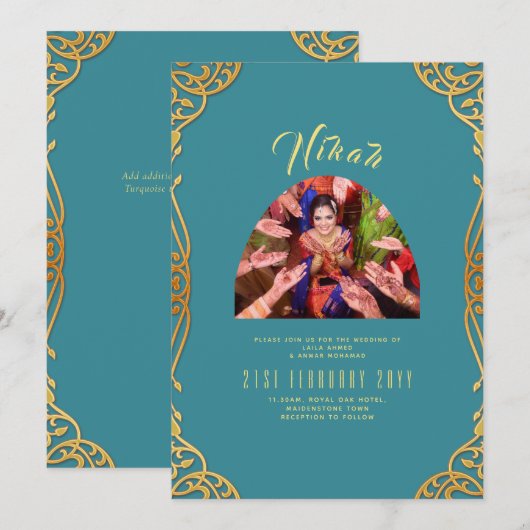 NIKAH ティールゴールド フォトイスラムウェディング 招待状 (正面/裏面)