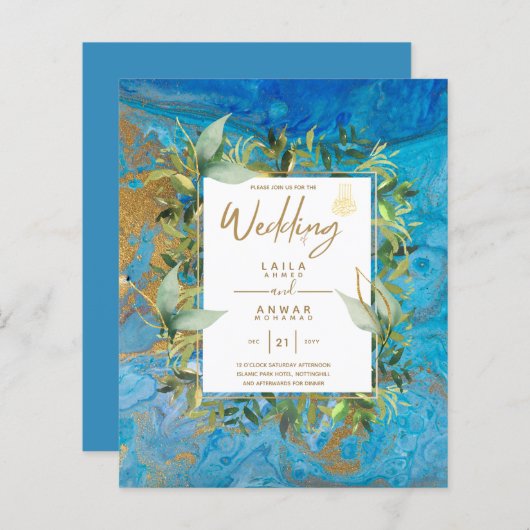 NIKAH – ブルー金ゴールドイスラム結婚式招待状 (正面/裏面)