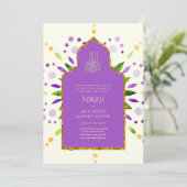 NIKAH – マンダラモダンパープル金ゴールドのインビ結婚ット 招待状 (スタンド正面)