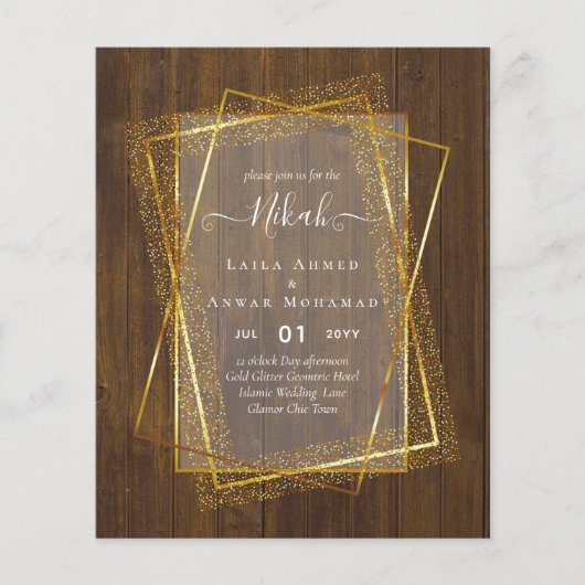 NIKAH – 予算招待状-金ゴールドグリッターフレーム チラシ (正面)