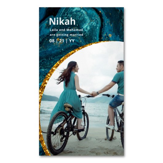 NIKAH - 結婚 Budget Agate金ゴールドティール（緑がかった色）写真 マグネット名刺 (正面縦)