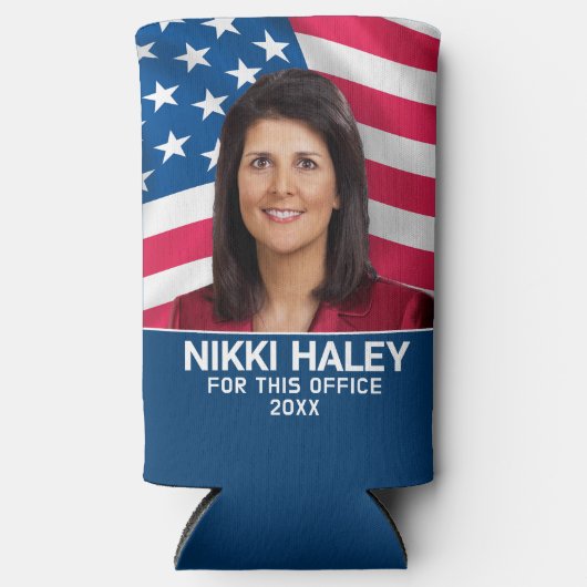 Nikki Haley – アメリカ国旗を持つキャンペーンの写真 スリム缶クーラー (正面)