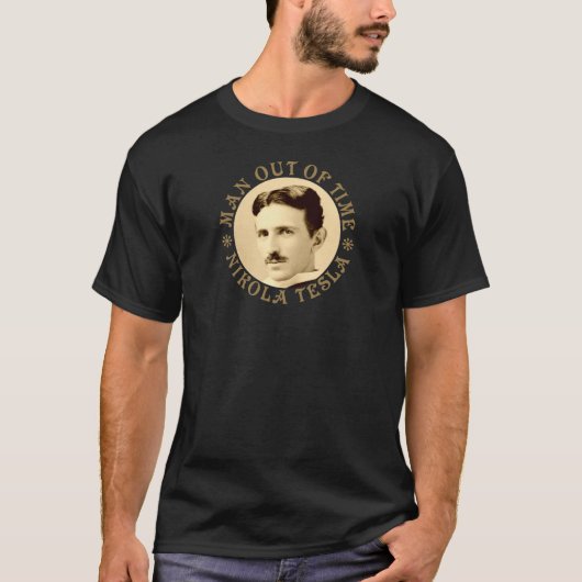 Nikola Tesla – 男性の時間切れ – 古い金ゴールド- ZZ Tシャツ (正面)