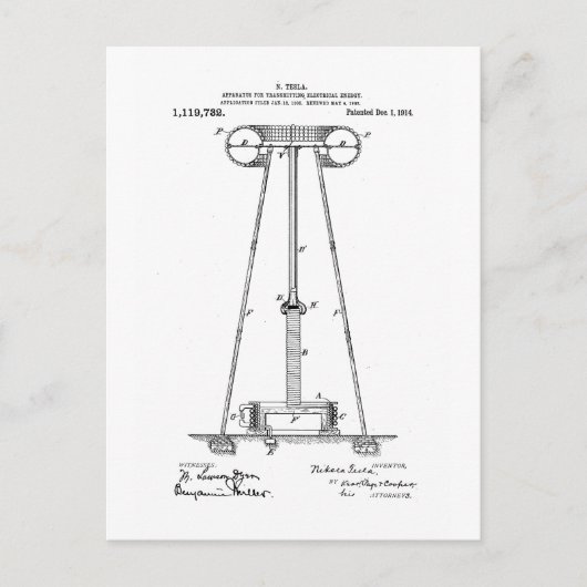 Nikola Tesla Energy Transmission Pantent US1119732 ポストカード (正面)