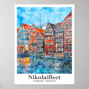 Nikolaifleet Hamburgドイツ旅行水色 ポスター