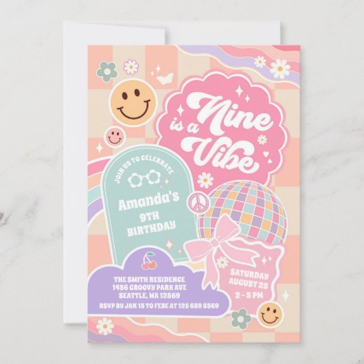 Nine Is A Vibe Cloud Rainbow Disco 9th Birthday  招待状 (正面)