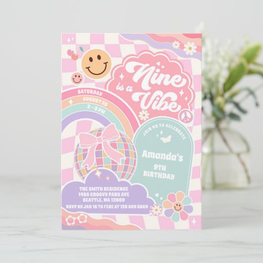 Nine Is A Vibe Groovy Rainbow Disco 9th Birthday  招待状 (スタンド正面)